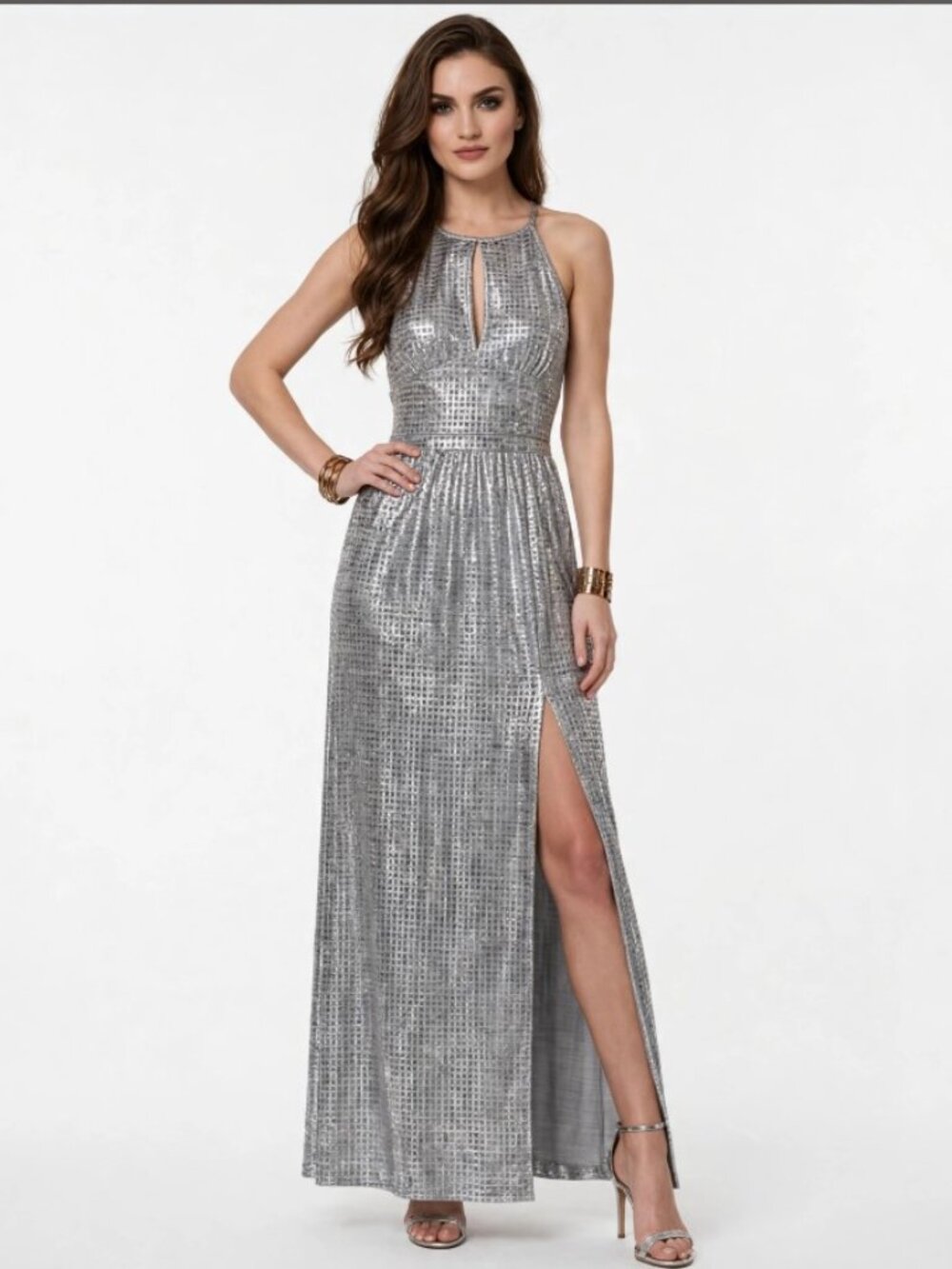 Michael Kors Silver Metallic Halter Maxi Dress Keyhole Thigh Slit S